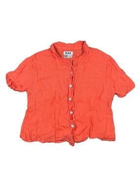 FLAX Short Sleeve Orange Button up Blouse 100% Linen - Medium